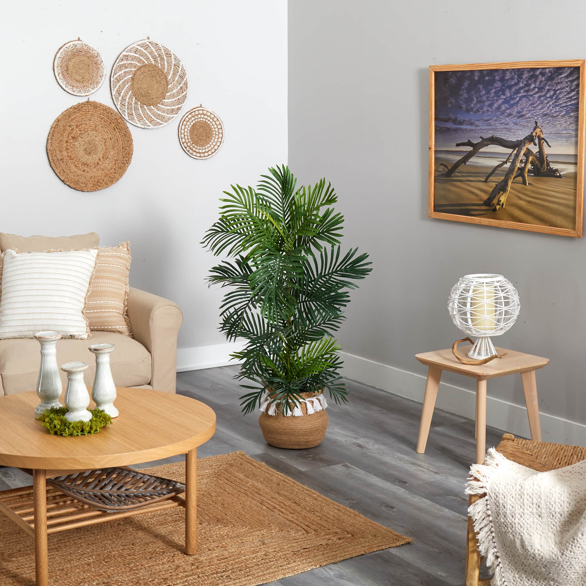 4ft. Areca Artificial Palm Tree in Boho Chic Handmade Natural Cotton Woven Planter with Tassels UV Resistant (Indoor/Outdoor)